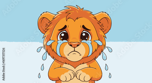 Crying Lion Cub Cartoon Illustration Expressing Sadness and Vulnerability for Children's Books and Educational Materials on Emotions