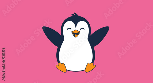 Cheerful penguin illustration with open arms and joyful expression on a pink background. Ideal for children's books, educational resources, and greeting cards.