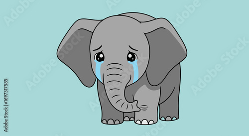 Cartoon illustration of a sad elephant character with tears streaming down its face, suitable for use in children's educational materials, emotional learning aids, and social media content.