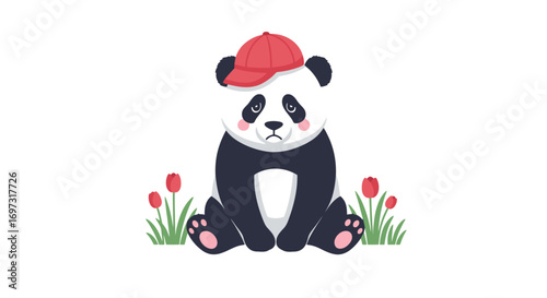 Adorable Panda Cub Sitting with a Red Cap Among Red Tulips, Perfect for Children's Books, Educational Materials, and Cute Designs