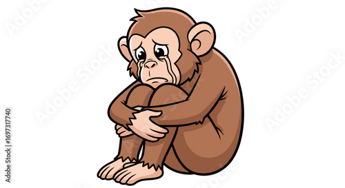 Cartoon Illustration of a Sad Monkey Crying, Ideal for Children's Books, Educational Materials, or Emotional Expression in Digital Designs