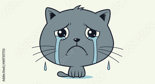 Cartoon Illustration of a Grey Kitten with Tears Streaming Down its Face Portraying Sadness, Suitable for Emotional Expression and Children's Storytelling