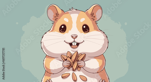 Adorable Hamster Illustration with Seeds for Pet Care Guides, Children's Books, and Educational Material Focused on Rodent Nutrition and Well-being.