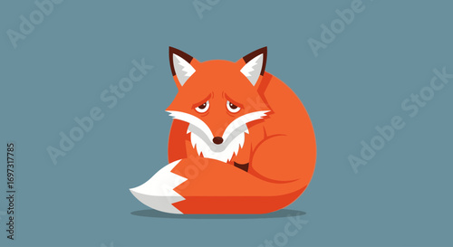 Cartoon Illustration of a Sad Fox Curled Up on a Blue Background, Depicting Loneliness or Melancholy for Children's Books and Emotional Expression