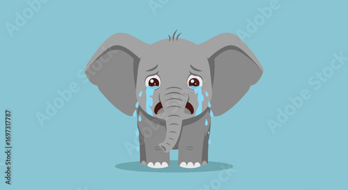 Cartoon Elephant Weeping with Tears, Expressing Sadness and Emotional Distress for Children's Education or Emotional Learning Resources