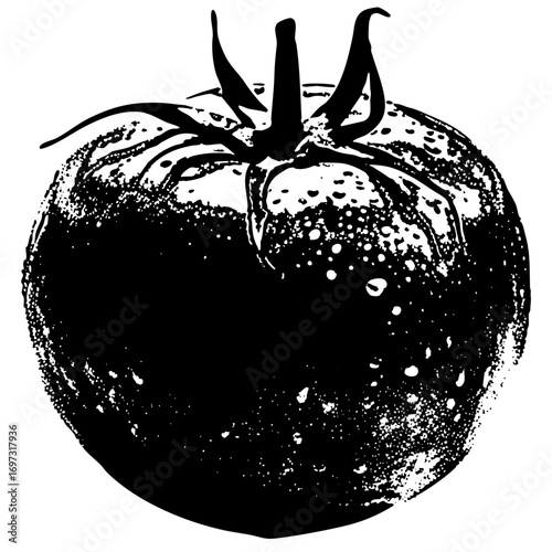 Vector Detailed black and white tomato with stem and leaves.