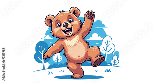 Adorable Cartoon Bear Cub Waving Hello, Perfect for Children's Illustrations and Educational Materials, and Promotional Content for Kids' Products