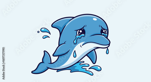 Cartoon depiction of a weeping dolphin, a visual metaphor for ocean pollution, environmental threats, and marine animal conservation awareness campaigns.