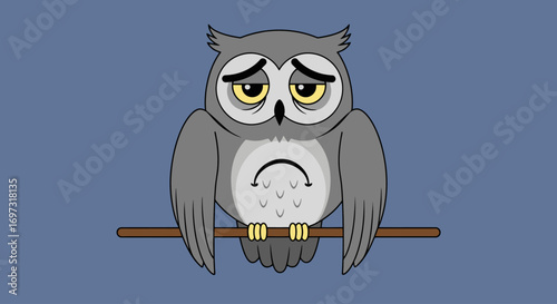 Cartoon Illustration of a Depressed Owl Perched on a Branch Against a Blue Background, Suitable for Mental Health Awareness Campaigns