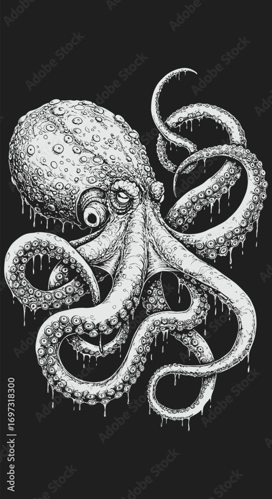 Obraz premium Detailed Monochrome Illustration of a Creepy Octopus with Dripping Tentacles and Textured Skin.