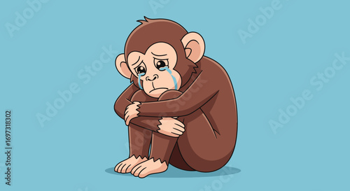 Cartoon Illustration of a Sad Monkey Sitting and Crying, Expressing Emotions of Loneliness or Disappointment for Children's Books and Educational Materials