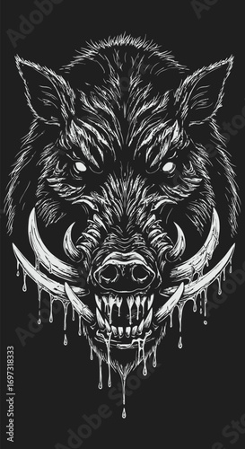 Ferocious Boar Head with Dripping Tusks and Intense Gaze White on Black.