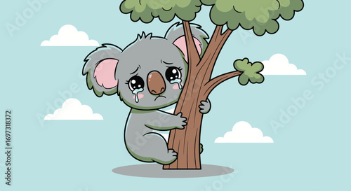 Cartoon Illustration of a Crying Koala Bear Clinging to a Tree, Ideal for Illustrating Environmental Concerns and Animal Welfare Advocacy Campaigns