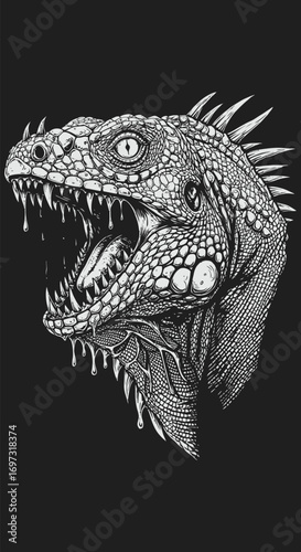 Intricate Illustration of a Ferocious Lizard Head.