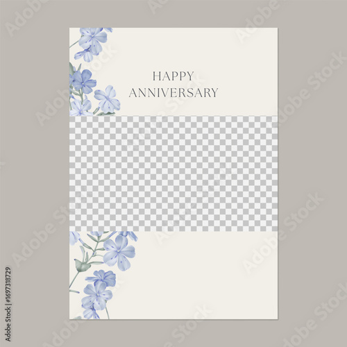 Anniversary card template featuring a delicate watercolor illustration of Cape leadwort flowers on the left side, with space for a photo on a bright brown background