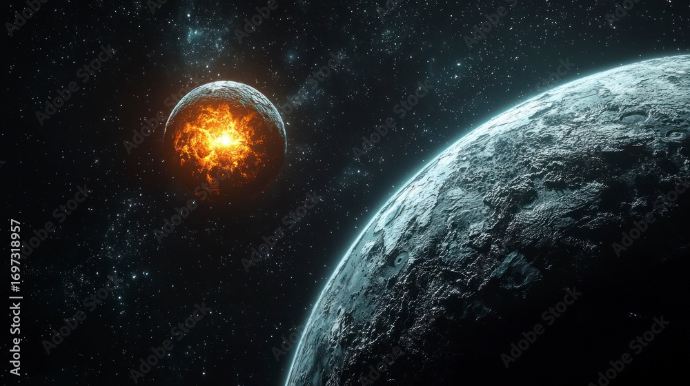 Obraz premium Celestial collision fiery planet explodes near icy world