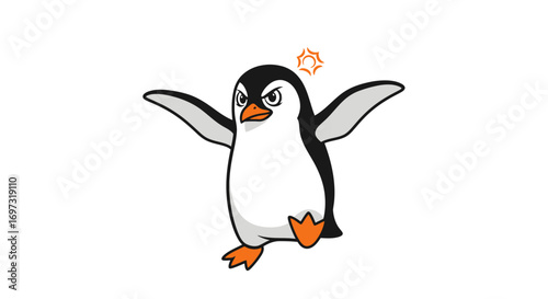 Cartoon Angry Penguin Illustration with Orange Star, Isolated on White Background, Expressing Frustration and Irritation, Suitable for Educational Resources and Children's Media