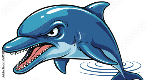 Aggressive Dolphin Cartoon Illustration with Sharp Teeth and Intense Gaze for Mascot Design and Marine Life Educational Resources
