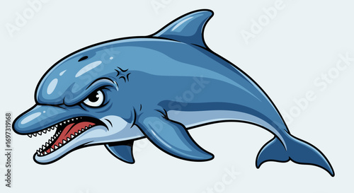 Animated Illustration of an Angry Dolphin with Sharp Teeth, Ideal for Children's Books, Educational Materials, and Marine Life Awareness Campaigns