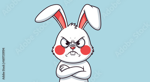 Cartoon Angry White Rabbit Illustration with Red Cheeks and Crossed Arms Against Light Blue Background, Designed for Children's Books and Educational Materials