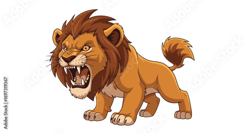 Cartoon Lion Roaring Fiercely with Detailed Mane and Sharp Teeth, Perfect for Children's Books and Educational Materials About Wildlife.