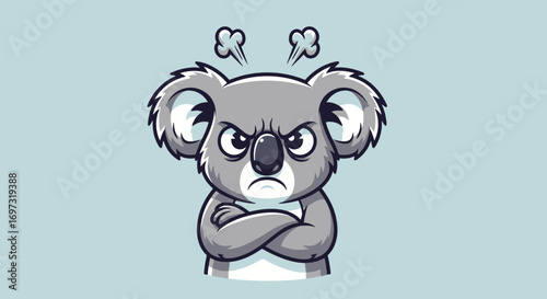 Cartoon Illustration of an Angry Koala Bear with Steaming Head and Crossed Arms against a Light Blue Background. Cartoon Illustration of an Angry Koala Bear with Steaming Head and Crossed Arms against