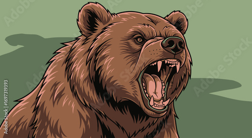 Aggressive Brown Bear Illustration with Open Mouth and Sharp Teeth Depicting Wildlife and Wilderness for Educational and Conservation Purposes