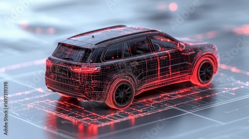 A digital rendering of a sleek SUV, its chassis outlined in glowing red lines against a technical blueprint backdrop