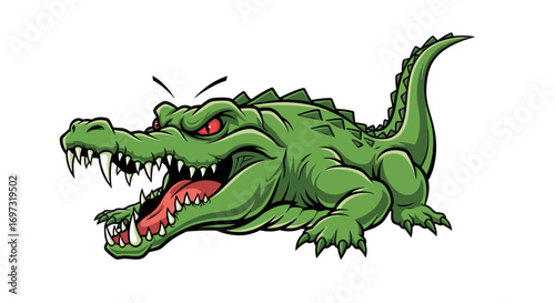 Animated Green Crocodile Illustration with Menacing Red Eyes and Open Jaws, Suitable for Children's Books, Educational Materials, and Wildlife Conservation Campaigns