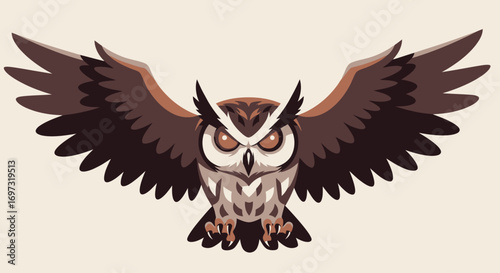 Detailed Illustration of a Brown Owl Spreading Its Wings in Flight, Ideal for Educational Materials and Wildlife Conservation Awareness Campaigns