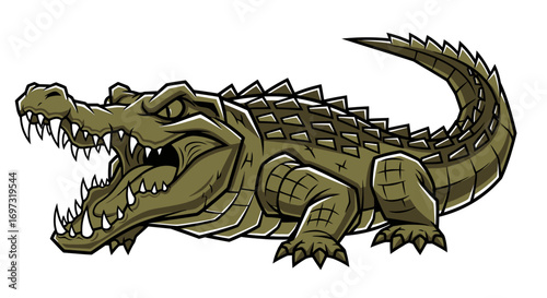Cartoon Crocodile with Open Mouth and Visible Teeth in Aggressive Stance. Perfect for illustrating wildlife, animal behavior, or creating engaging educational materials.