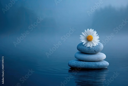 Calm, serene, zen stones & flower. Misty lake scene