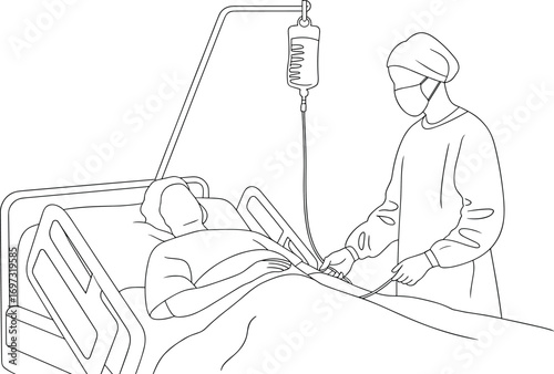 Doctor treating patient in hospital bed, medical care illustration, nurse with IV drip, healthcare professional line art, hospital treatment sketch