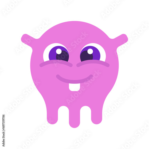 Adorable pink cartoon monster with large purple eyes, a happy smile, and a single tooth. Fun alien creature illustration, perfect for children’s books, stickers, mascots, games, mobile apps, and creat