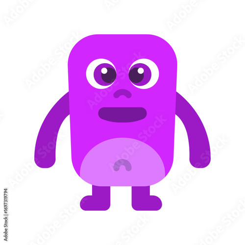 Funny purple cartoon monster with big round eyes and a playful expression. Adorable alien creature illustration, perfect for children’s books, games, stickers, mascots, apps, and creative projects.