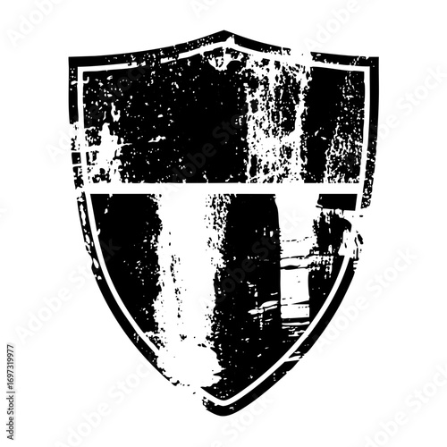 Vector Distressed shield emblem with a central dividing .