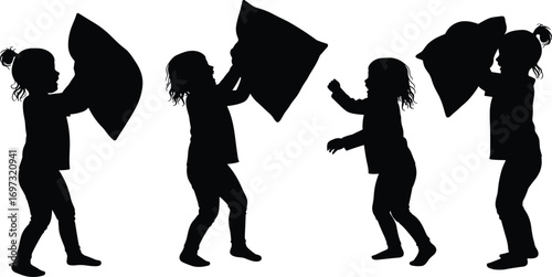 children pillow fight silhouette, kids playing together, fun activity at home, childhood entertainment, black silhouette vector design, family lifestyle illustration