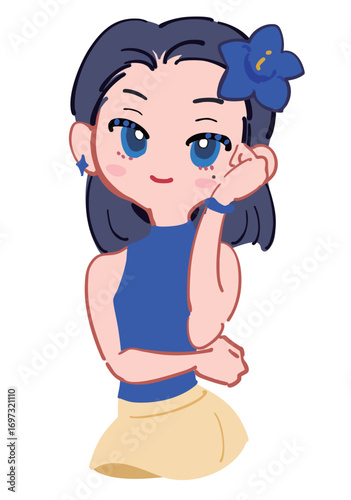 頭に花飾りを付けたクールな女の子のイラスト 青