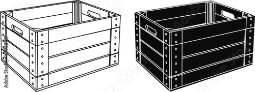 Wooden crate storage box vector illustration set