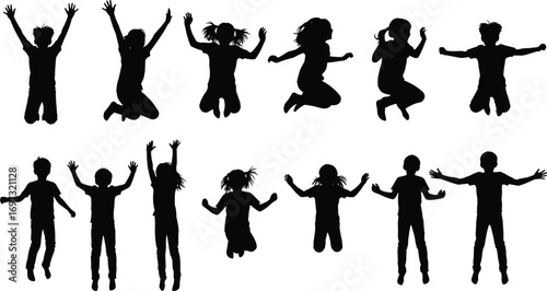 Children jumping silhouette, kids playing outdoors, fun activity, happy childhood moments, energetic movement, active lifestyle, freedom, joy, celebration, exercise illustration