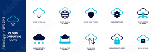 Cloud Computing Blue Colored Outline Icon Set