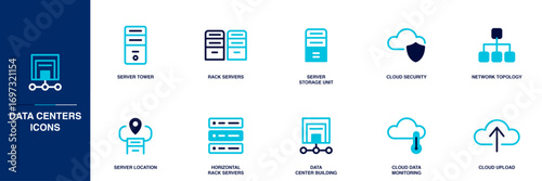 Data Centers Blue Colored Outline Icon Set
