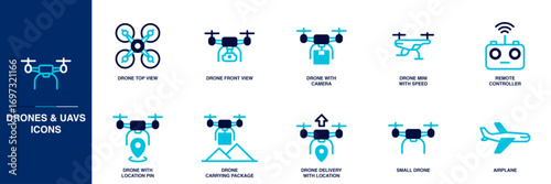 Drones and UAVs Blue Colored Outline Icon Set