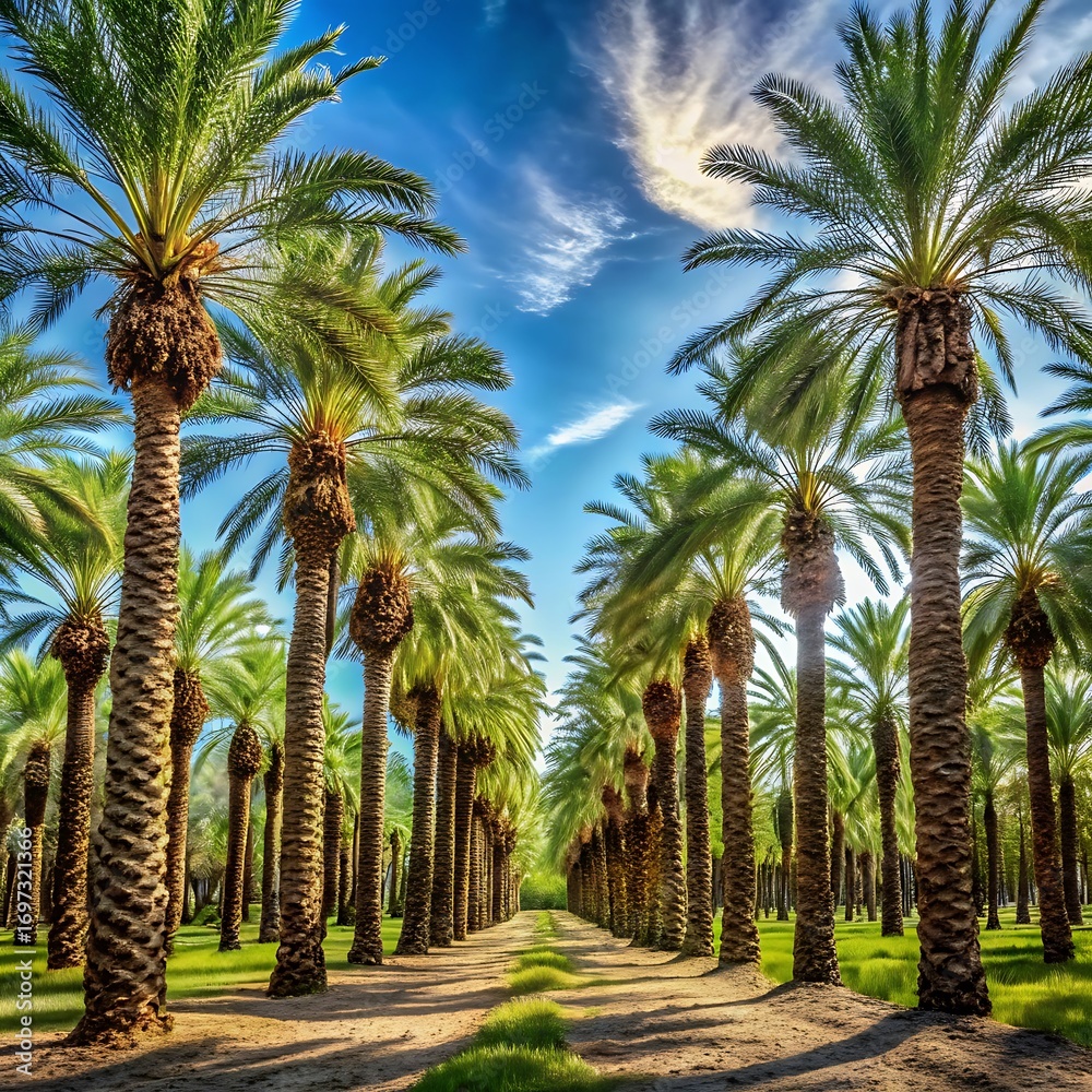 Obraz premium Pathway Through Palm Trees with Bright Blue Sky and Clouds