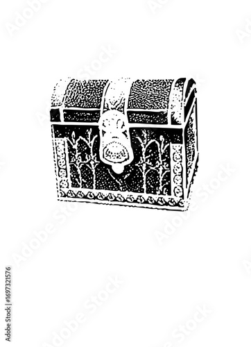 Vector Detailed of an ornate treasure chest with a lion head clasp.
