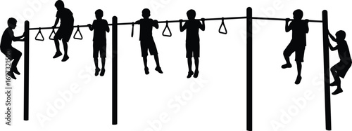 Children playing on monkey bars silhouette, kids outdoor playground, climbing activity, fun exercise, group play, school recess, childhood fitness illustration