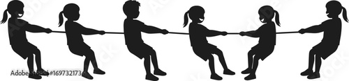 Children playing tug of war silhouette, kids teamwork activity, group competition, outdoor game, childhood fun, pulling rope challenge, teamwork illustration