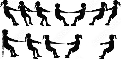 Children silhouette tug of war, kids playing rope game, teamwork concept, outdoor fun, black silhouette, sport activity, childhood play, competition
