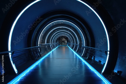 Futuristic corridor with glowing blue lights and curved tunnel design illuminated with bright LED accents and modern architecture