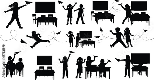 Children throwing paper airplanes silhouette, classroom fun activity, kids playful school scene, childhood imagination, group playtime, education, learning, creative illustration